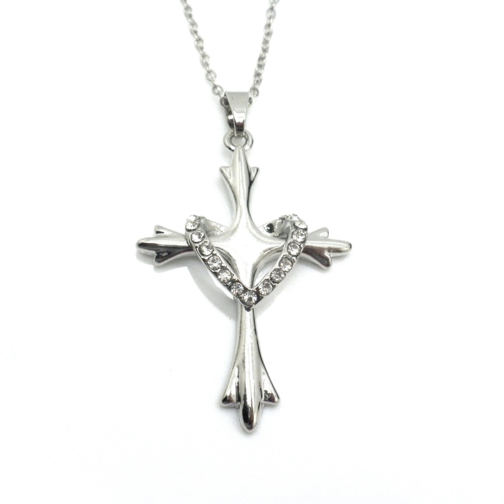 Cross Pendant Floating Heart Necklace